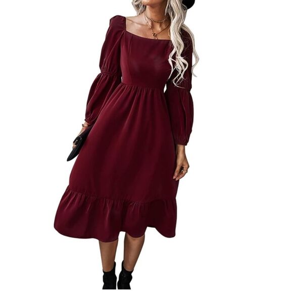 Ruffle Midi Dress for Women Square Neck Long Sleeve Tiered Ruched Size Large - Picture 1 of 13
